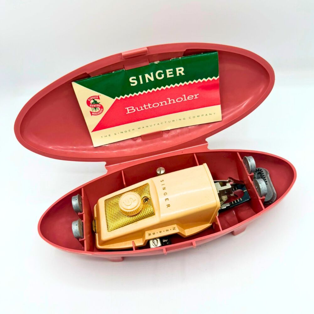 Vintage Singer Buttonholer Pink Case 1960s Sewing Accessory Templates and Manual - Picture 2 of 8
